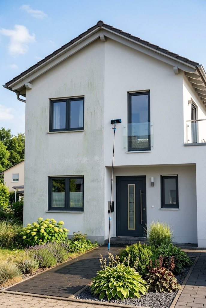 Hausfassade mit Teleskopstange: links vergrünt, rechts gereinigt